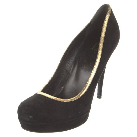 GUCCI Black Suede Gold Trim Platform Pump Heel Shoes Sz IT 40.5 US 10.5 - Picture 2 of 5